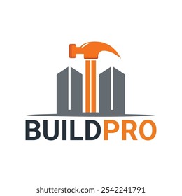 BuildPro Logo - Construction and Building Services Branding Design. A professional logo design for BuildPro, showcasing a construction theme with a hammer and skyscrapers.