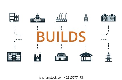 Builds icon set. Monochrome simple Builds icon collection. Office, Government, Factory, Church, Townhouse, Shop, Synagogue, Theater, Bungalow, Pagoda icon