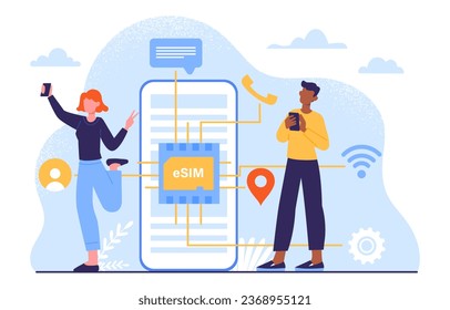 Built in eSim concept. Man and woman near SIM card at smartphone. Distance communication and interaction. Mobile wireless connection and internet, 5G. Cartoon flat vector illustration