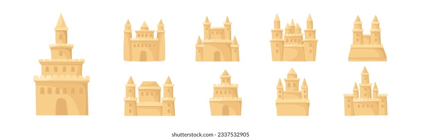 Built Sand Castle with Towers and Castellation Wall Vector Set