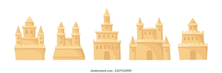 Built Sand Castle with Towers and Castellation Wall Vector Set