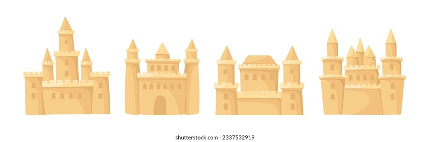 Built Sand Castle with Towers and Castellation Wall Vector Set