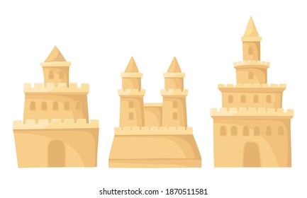 Built Sand Castle with Towers and Windows Vector Set