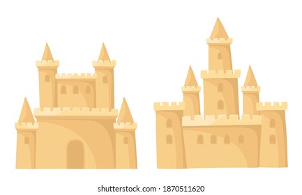 Built Sand Castle with Towers and Windows Vector Set