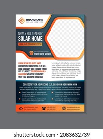 Built solar energy for home and apartment flyer design template. orange and blue on element. white on background. hexagon space for photo collage. Save energy vertical layout poster leaflet.