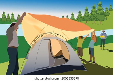 built a tent with father at camping ground with landscape view in background. Eco friendly with nature for family and kids
