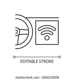 Built in wifi hotspot linear icon. Wi-Fi enabled vehicle. Car with internet connection capability. Thin line customizable illustration. Contour symbol. Vector isolated outline drawing. Editable stroke