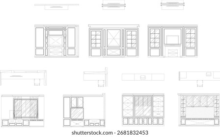 "Desenhos incorporados incluem um armário de TV, uma mesa e um gabinete de exibição, um design de interiores moderno clássico."