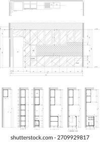 Desenho de design interior embutido com painel frontal de vidro, pano de fundo de textura de tijolo e detalhes da seção de construção para estudo