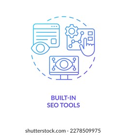Icono de concepto de degradado azul de las herramientas SEO integradas. Análisis de sitios web. Ilustración de línea delgada de ideas abstractas de optimización de motores de búsqueda. Dibujo de contorno aislado. Se usa una fuente Myriad Pro-Bold
