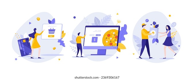 Buing food products online flat concept vector illustrations set. Fastfood restaurants and grocery goods delivery cartoon scenes. E commerce benefits for customers idea for website, presentation