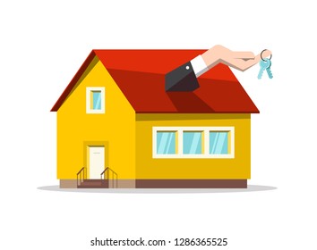 Buing or Selling House Concept. Vector Real Estate Reality Design with Keys in Hand and Family House Symbol.