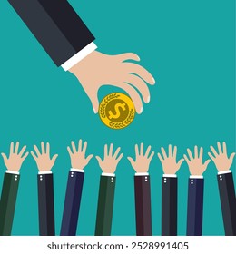 Buisness man hand give gold coin Buisness mans on green backgound vector illustration in flat design. infographics web design elements