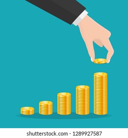 Buisness man hand hold gold coin and growth stacks with coins. vector illustration in flat design.