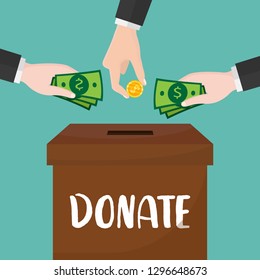 Buisness man hand putting gold coin and money in donation box on blue backgound. vector illustration in flat style, infographics web design elements.