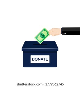 Buisness man hand putting money in donation box. Vector EPS 10. Illustration.