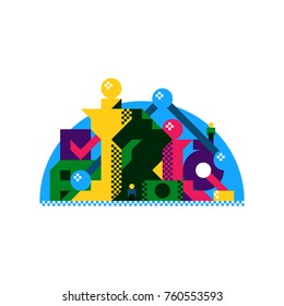 Buisness Strategy Concept, Chess Piece, Timer, Check Box, Abstract Geometrical Colorful Flat Style Vector Illustration Eps 10