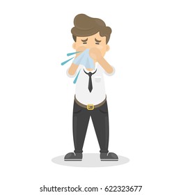 Buisnessman with cold. Sick man is ill. Isolated character on whte. Sneezing or coughing man.