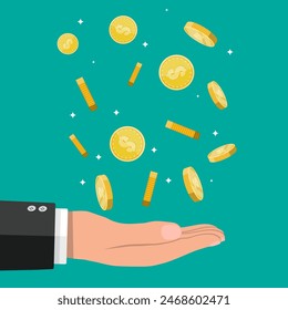 Mano de empresario atrapando monedas de oro que caen. Lluvia de dinero. Monedas de oro con signo de dólar. Crecimiento, ingresos, ahorro, inversión. Ilustración vectorial en estilo plano