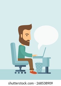 A buisnessman sitting infront of his laptop and blank bubble still searching information in computer network. Searching concept. . A contemporary style with pastel palette, soft blue tinted background