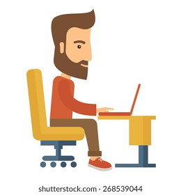 A buisnessman sitting infront of his laptop searching information in computer network. Searching concept. . A contemporary style. Vector flat design illustration with isolated white background. Square