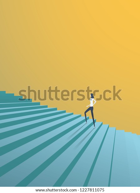 Buisnesswoman climbing career steps vector\
concept. Symbol of ambition, motivation, success in career,\
promotion. Eps10 vector\
illustration.