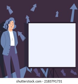 Buisnesswoman Presenting Important Messages On Presentation Board. Woman In Suit Showing Crutial Informations On Panel With Arrows In Background. New Ideas Displayed.