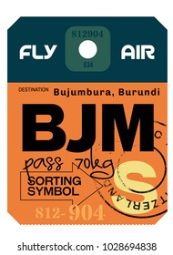 Bujumbura airport luggage tag. Realistic looking tag with stamp and information written by hand. Design element for creative professionals.