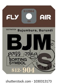 Bujumbura airport luggage tag. Realistic looking tag with stamp and information written by hand. Design element for creative professionals.