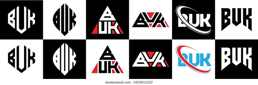 Diseño del logotipo de la letra del BUK en estilo seis. BUK polígono, círculo, triángulo, hexágono, estilo plano y simple con el logotipo de la letra de la variación del color blanco y negro establecido en una mesa de trabajo. Logotipo minimalista y clásico de BUK