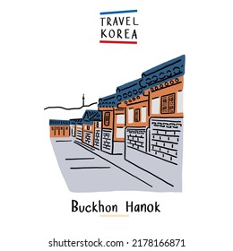 Bukchon Hanok Village Sightseeing Südkorea Reisen Handgezeichnete FarbIllustration