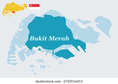 Bukit Merah Singapore Map with Flag - Redhill Central Region and HarbourFront District Vector Outline.earth