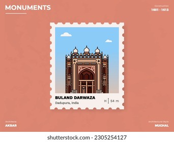 Diseño de boletos de estampado de timbre del monumento Buland Darwaza con diseño de ilustración de vector de información