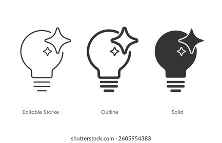 Bulb with AI icon set. Idea and innovation by AI Artificial intelligence sign. Line and silhouette icon. Icons for app user interface and web elements. Vector illustration. Editable stroke.