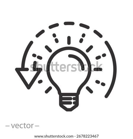 bulb and arrow, lighting loss, brightness reduce icon, reduction illumination, low level, less brightness, thin line symbol on white background - editable stroke vector illustration