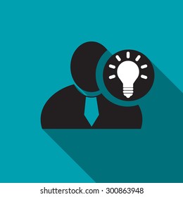 Bulb black man silhouette icon on the blue background, long shadow flat design icon for forums or web