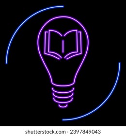 bulb book neon sign light, modern glowing banner design, colorful modern design trends on black background. Vector illustration.