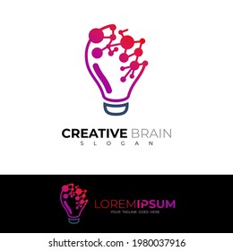 Logo del cerebro de la bombilla con combinación de diseño de línea, icono de tecnología