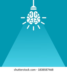 Bulb with brain and rays on nlue background. New idea, intellect sign. smart, clever, creative symbol. Vector illustration.  Knowledge, solution, innovation sign