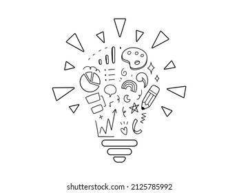 Ilustración del vector del cerebro de la bombilla. Diseño del doodle de dibujo