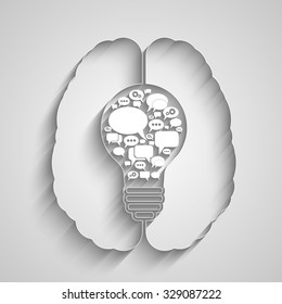 bulb with bubble speech in a human brain, an idea concept, vector illustration for your design