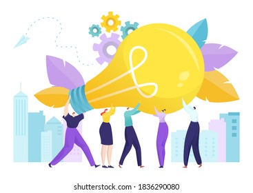 Bulb, cartoon huge creative idea in business people character hand, vector illustration. Man woman teamwork concept at flat office. Success team solution, collaboration project with lamp light.