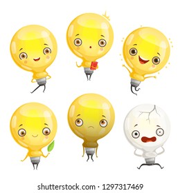 Bulb characters. Cartoon lamp mascot in dynamic poses and fun emotions vector picture