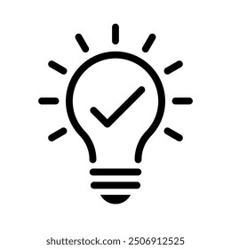 Bulb checkmark black like quick tip line icon. Bulb icon expert, genius, idea, innovation, lamp, light bulb, mark, creative, positive, simplicity, smart, solution, strategy, think, tick, choice.