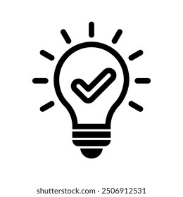 Bulb checkmark black like quick tip line icon. Bulb icon expert, genius, idea, innovation, lamp, light bulb, mark, creative, positive, simplicity, smart, solution, strategy, think, tick, choice.