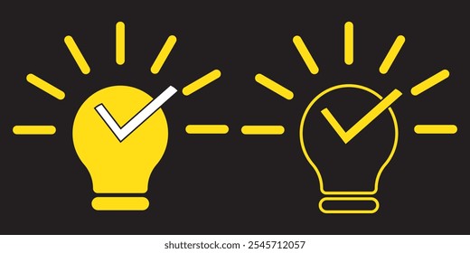 Marca de seleção preta como ícone de linha de dica rápida. Bulb icon expert, gênio, ideia, inovação, lâmpada, lâmpada, marca, criativo, positivo, simplicidade, inteligente, solução, estratégia, pensar, tique, escolha.