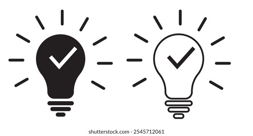 Bulb checkmark black like quick tip line icon. Bulb icon expert, genius, idea, innovation, lamp, light bulb, mark, creative, positive, simplicity, smart, solution, strategy, think, tick, choice.