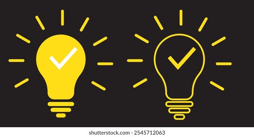 Bulb checkmark black like quick tip line icon. Bulb icon expert, genius, idea, innovation, lamp, light bulb, mark, creative, positive, simplicity, smart, solution, strategy, think, tick, choice.