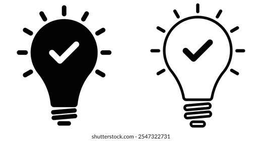 Marca de seleção preta como ícone de linha de dica rápida. Bulb icon expert, gênio, ideia, inovação, lâmpada, lâmpada, marca, criativo, positivo, simplicidade, inteligente, solução, estratégia, pensar, tique, escolha.