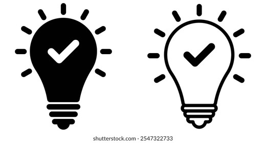 Bulb checkmark black like quick tip line icon. Bulb icon expert, genius, idea, innovation, lamp, light bulb, mark, creative, positive, simplicity, smart, solution, strategy, think, tick, choice.